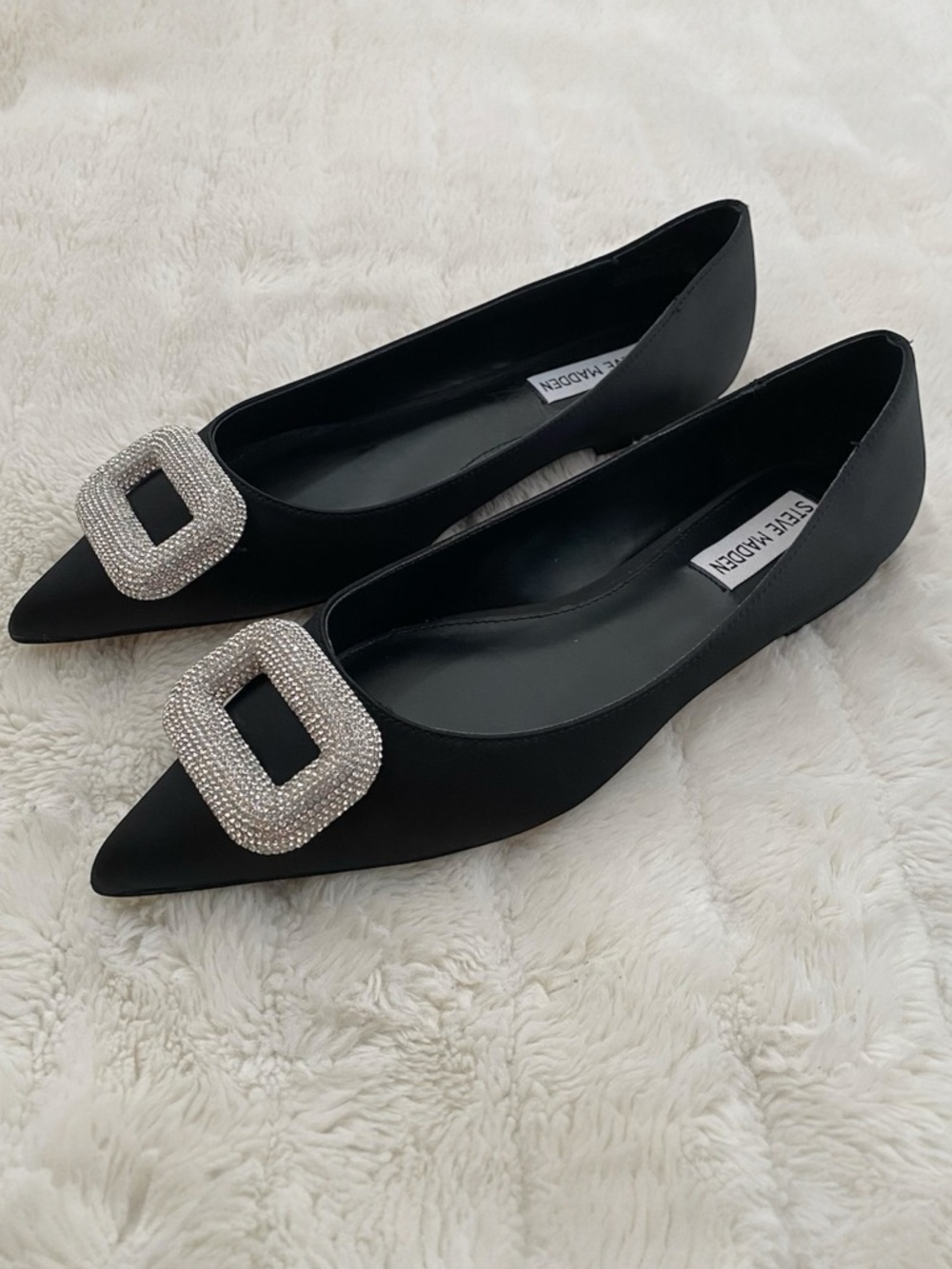 Steve Madden Black Pointed Toe Flats with Silver Rhinestone Buckle Size 7.5